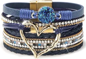 Suyi Multilayer Leather Wrap Bracelet Heart-Shape Wide Cuff Bracelets for Women