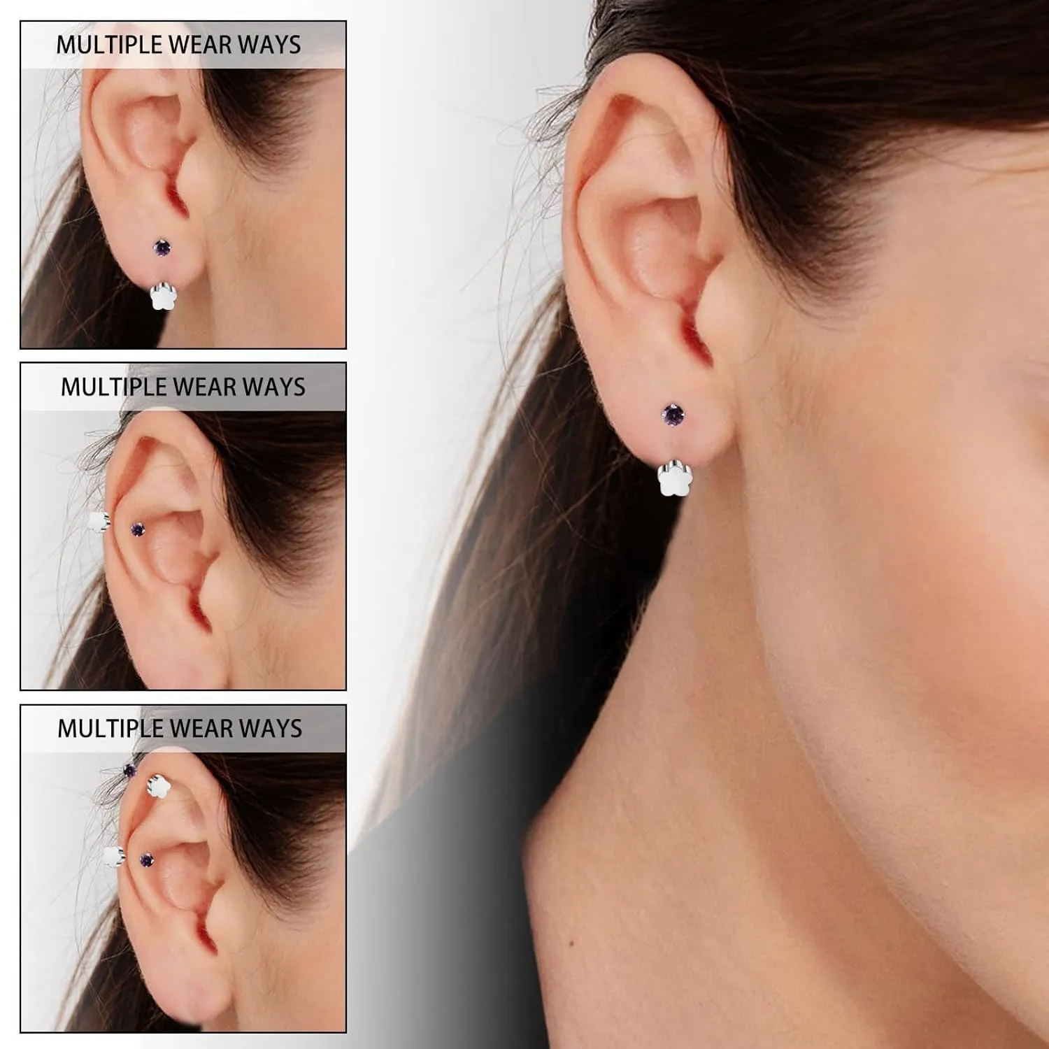 Tiny 3mm Birthstone Earrings Small Huggie Half Hoop Earrings with Flower Flat Back for Women GirlsG23 Hypoallergenic Minimalist Tiny Cartilage Earring (Silver, March- Blue Aquamarine)