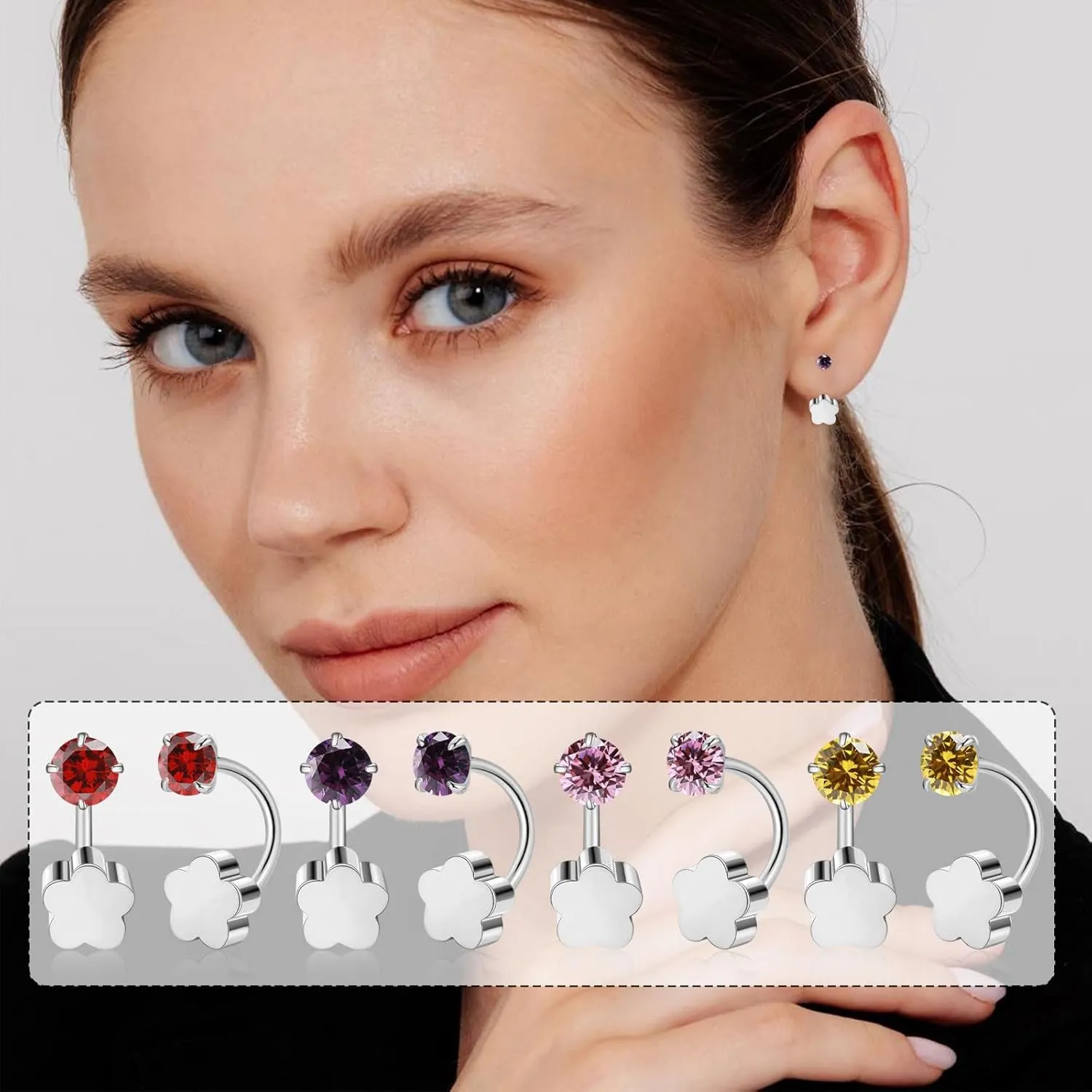 Tiny 3mm Birthstone Earrings Small Huggie Half Hoop Earrings with Flower Flat Back for Women GirlsG23 Hypoallergenic Minimalist Tiny Cartilage Earring (Silver, March- Blue Aquamarine)