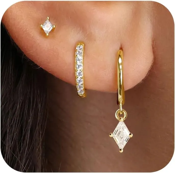 TOBENY 3 Pairs Gold Hoop Earrings Set 14k Gold Plated Hypoallergenic Stud Earrings for Women Trendy Small Dainty Diamond Huggie Dangle Earrings for Women Gifts Jewelry