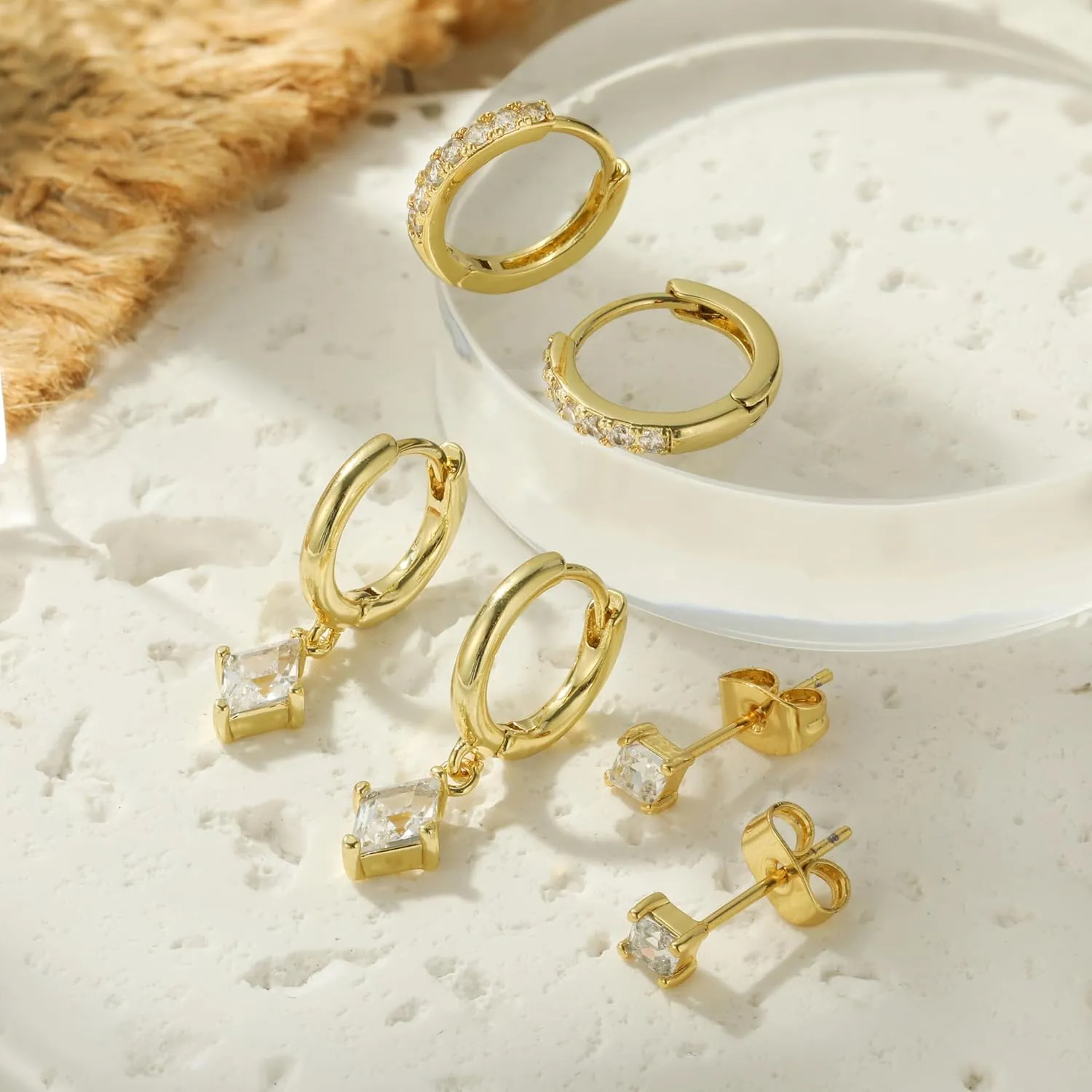 TOBENY 3 Pairs Gold Hoop Earrings Set 14k Gold Plated Hypoallergenic Stud Earrings for Women Trendy Small Dainty Diamond Huggie Dangle Earrings for Women Gifts Jewelry