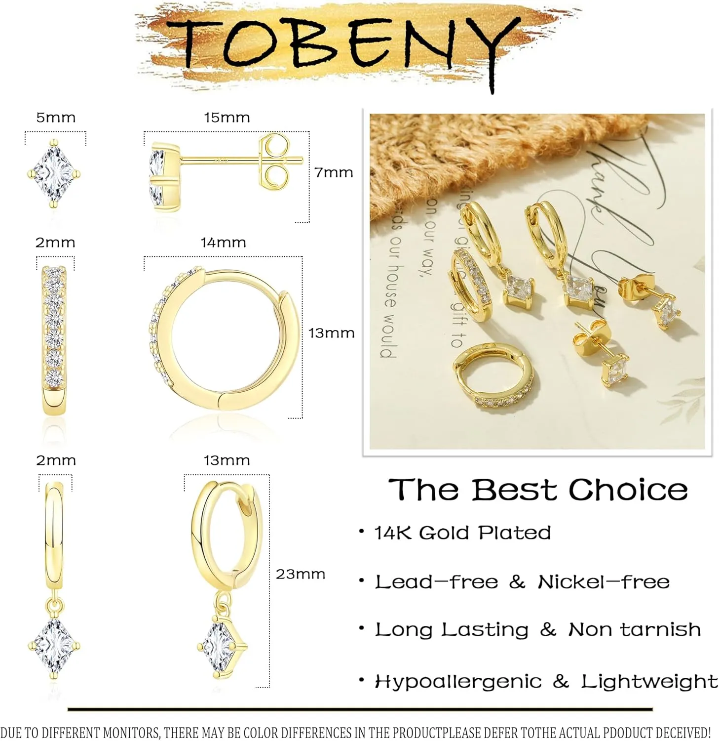 TOBENY 3 Pairs Gold Hoop Earrings Set 14k Gold Plated Hypoallergenic Stud Earrings for Women Trendy Small Dainty Diamond Huggie Dangle Earrings for Women Gifts Jewelry