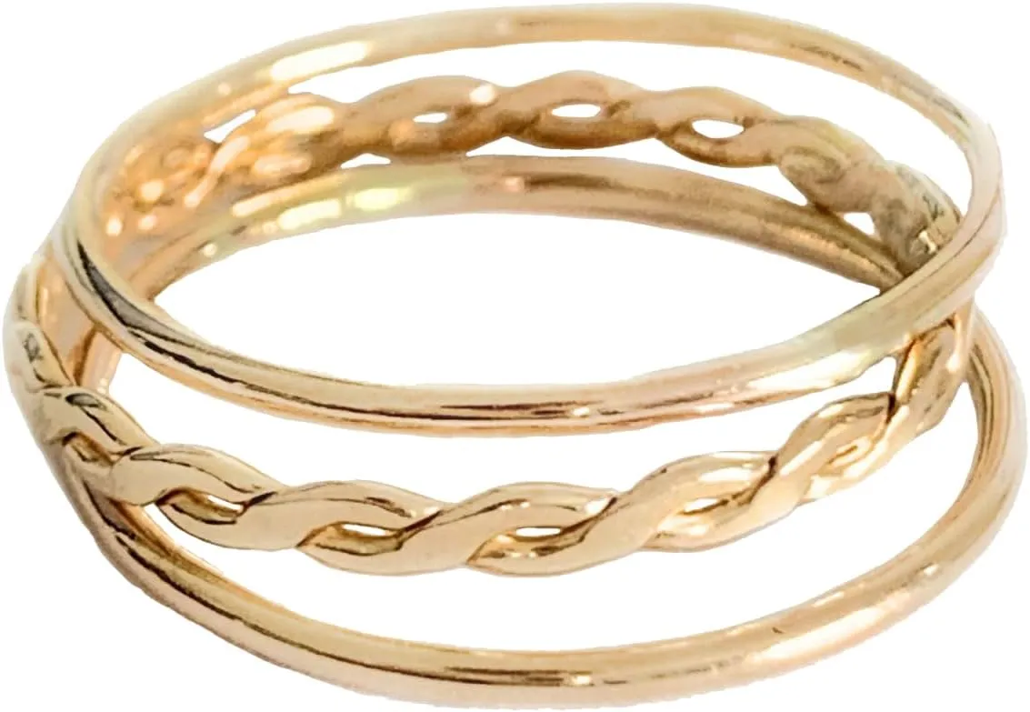 Toe Ring | 3 Stackable Rings (2) Skinny Band and (1) Braid in 14K Gold Fill | Fitted Finger Ring Stack | Perfect as Knuckle or Midi Finger Ring | Unisex
