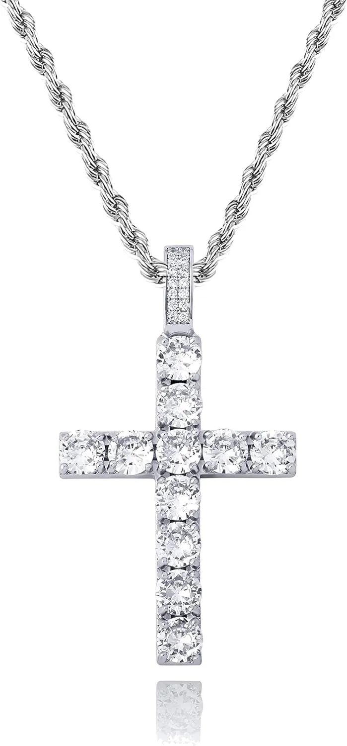 TOPGRILLZ Cross Necklace for Men Gold Necklace for Women Gold Heart Cross Jewelry 14K Silver Plated Solid Iced Cubic Zirconia Stainless Steel Pendant Chain