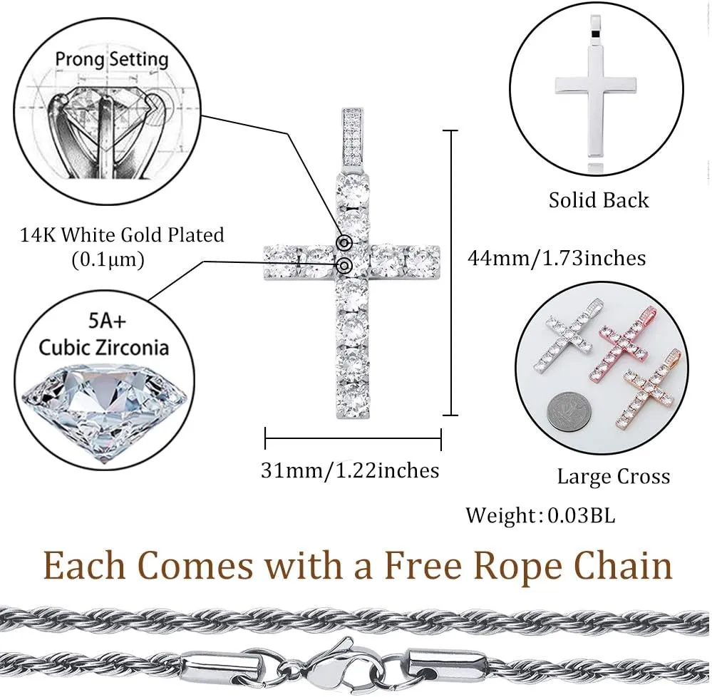 TOPGRILLZ Cross Necklace for Men Gold Necklace for Women Gold Heart Cross Jewelry 14K Silver Plated Solid Iced Cubic Zirconia Stainless Steel Pendant Chain