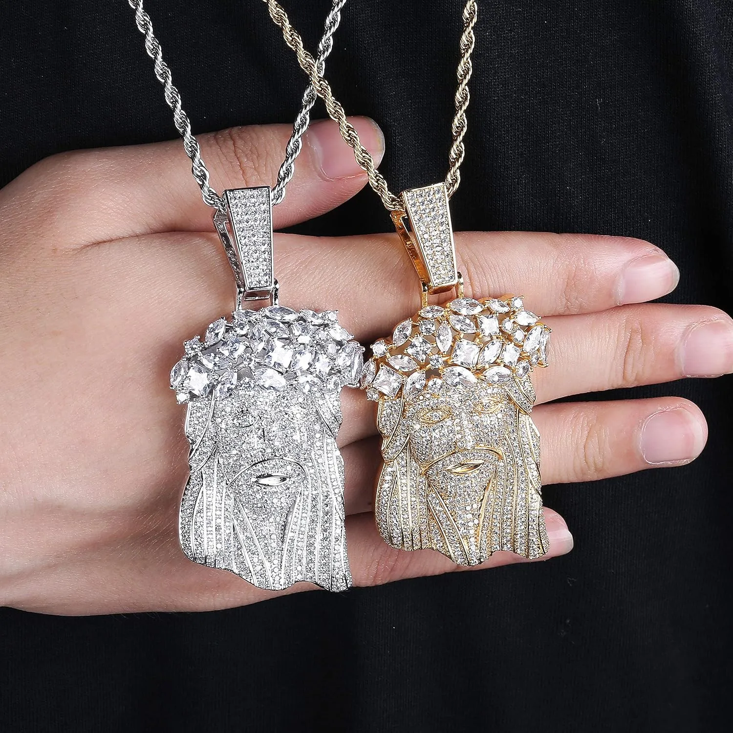 TOPGRILLZ Jesus Pendant Necklace Rope Gold Chain for Men Iced out 14K Gold Plated Simulated Diamond Chain Stainless Steel Chain 24 inch