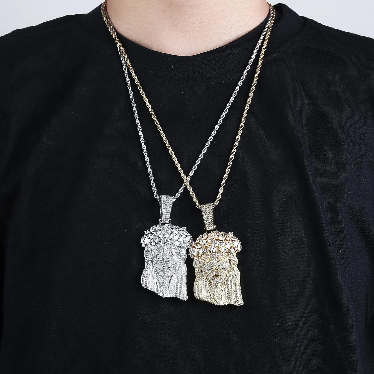TOPGRILLZ Jesus Pendant Necklace Rope Gold Chain for Men Iced out 14K Gold Plated Simulated Diamond Chain Stainless Steel Chain 24 inch