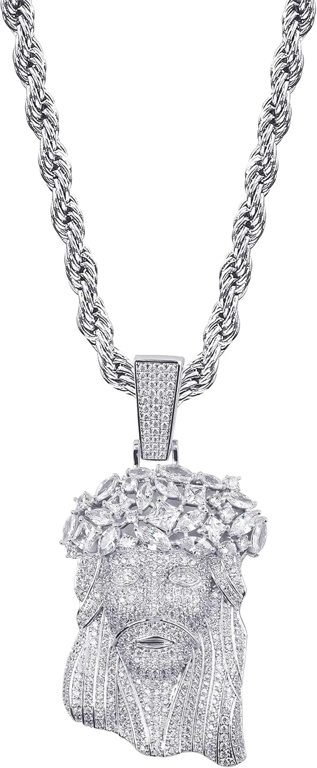 TOPGRILLZ Jesus Pendant Necklace Rope Gold Chain for Men Iced out 14K Gold Plated Simulated Diamond Chain Stainless Steel Chain 24 inch