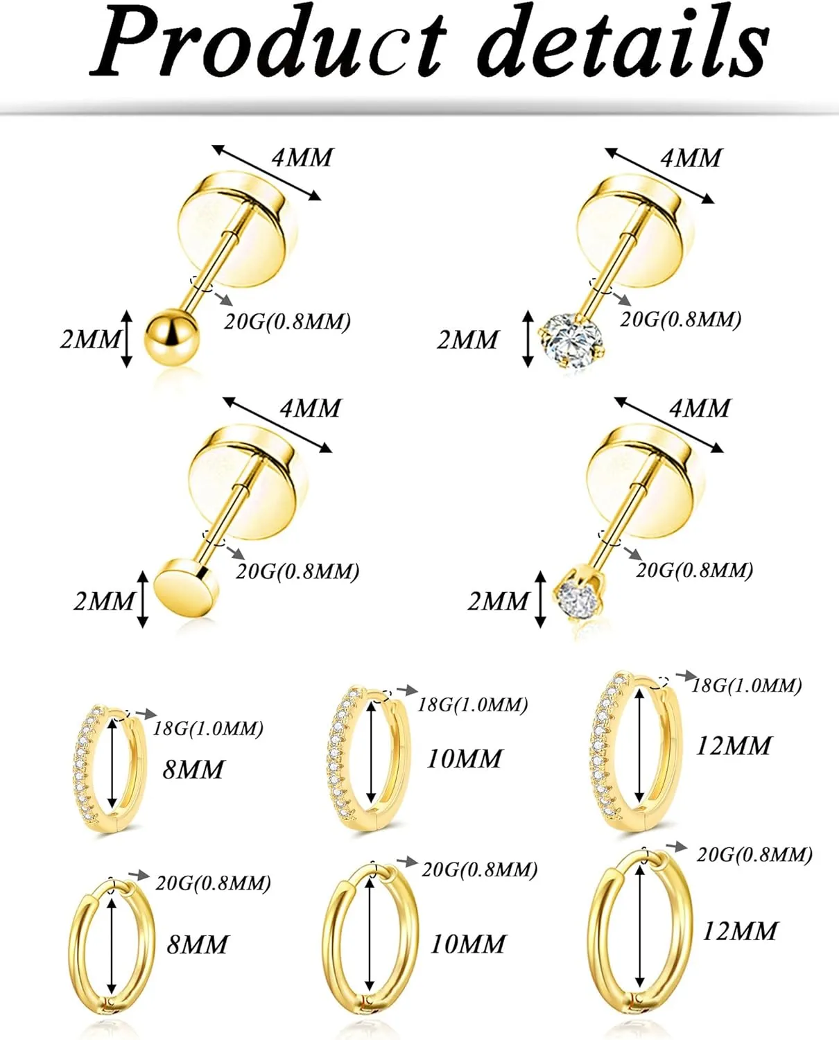 Tornito 18 Pairs Tiny Flat Back Stud Earrings For Women Men 18K Gold Plated Stainless Steel CZ Ball Dot Small Huggie Hoop Earrings Screw Back Cartilage Helix Tragus Lobe Earrings For Multiple Piercing