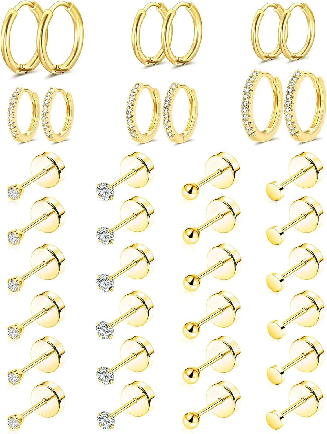 Tornito 18 Pairs Tiny Flat Back Stud Earrings For Women Men 18K Gold Plated Stainless Steel CZ Ball Dot Small Huggie Hoop Earrings Screw Back Cartilage Helix Tragus Lobe Earrings For Multiple Piercing