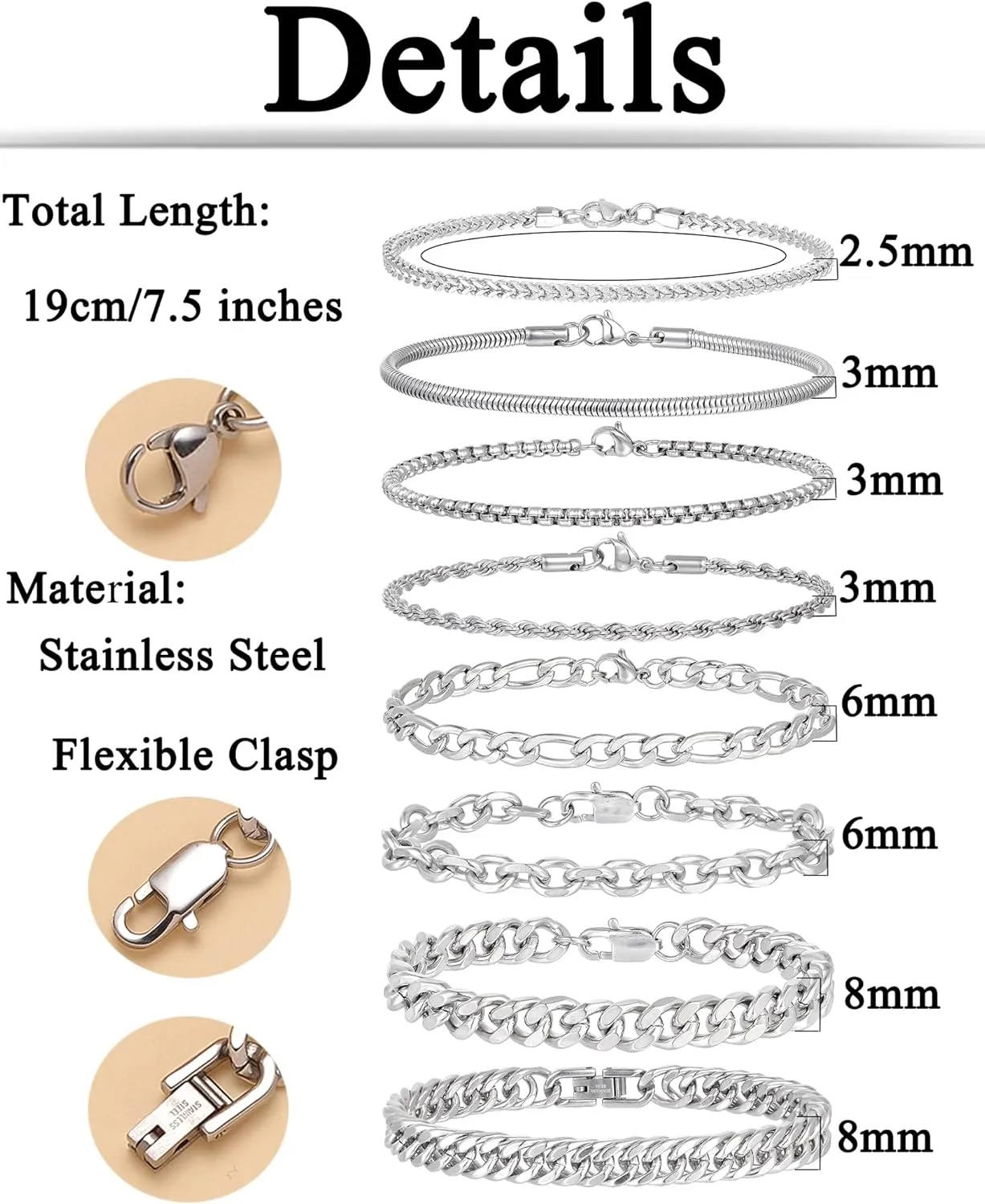 Tornito 8Pcs Chain Bracelet Stainless Steel Curb Width Rope Figaro Cuban Link Paperclip Twist Chain Bracelets Set for Men Women 7.5/8.3/9.0 Inches