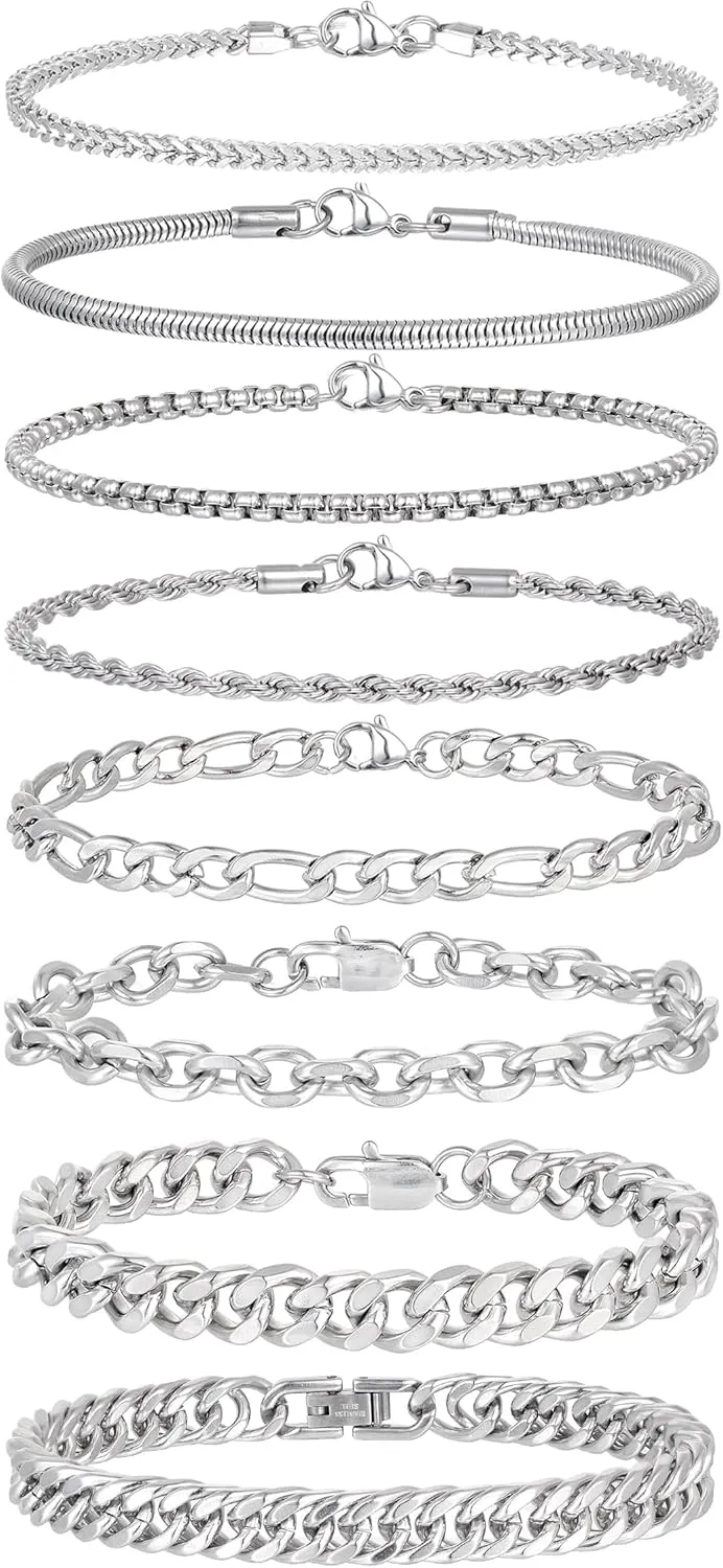 Tornito 8Pcs Chain Bracelet Stainless Steel Curb Width Rope Figaro Cuban Link Paperclip Twist Chain Bracelets Set for Men Women 7.5/8.3/9.0 Inches