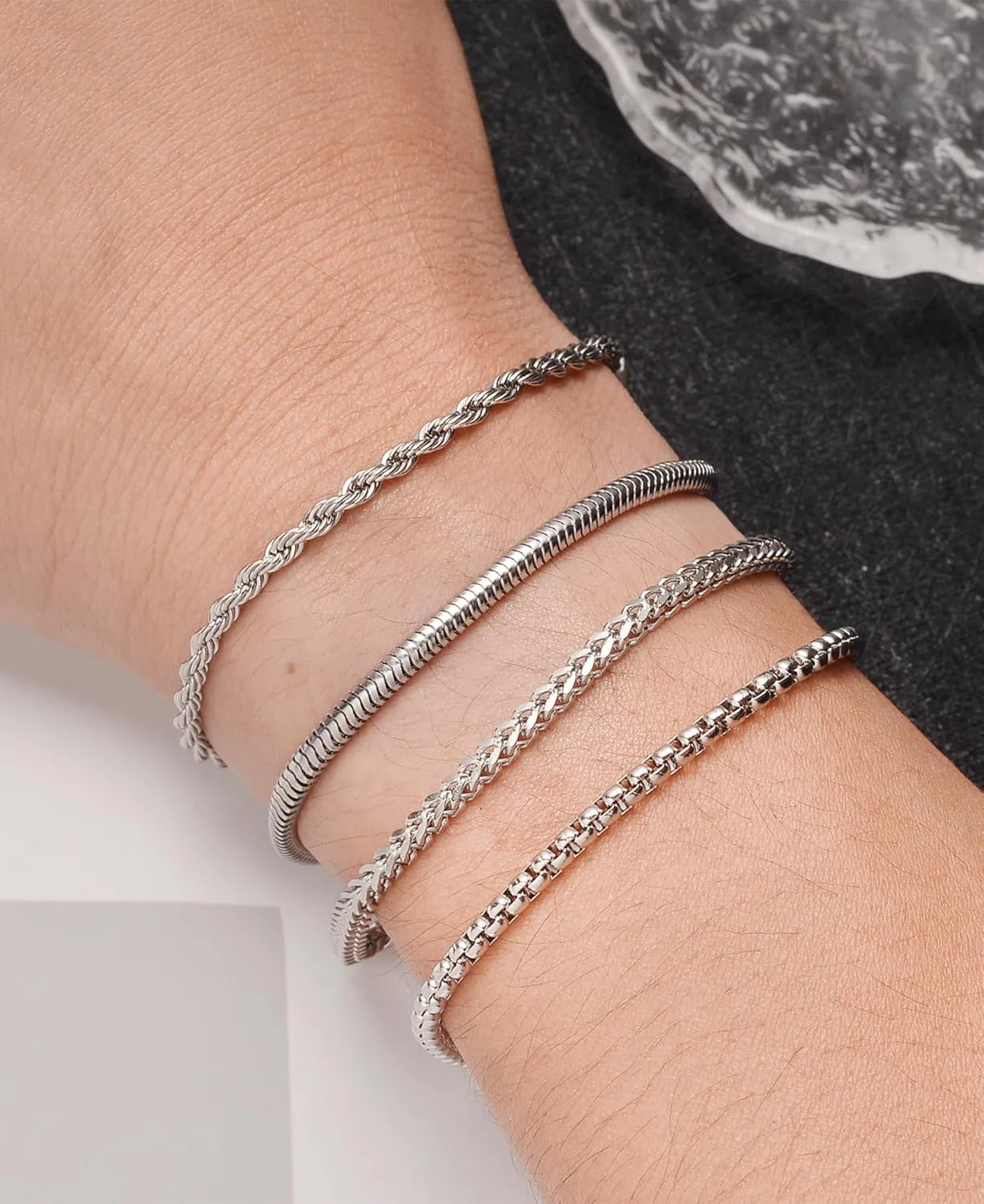 Tornito 8Pcs Chain Bracelet Stainless Steel Curb Width Rope Figaro Cuban Link Paperclip Twist Chain Bracelets Set for Men Women 7.5/8.3/9.0 Inches