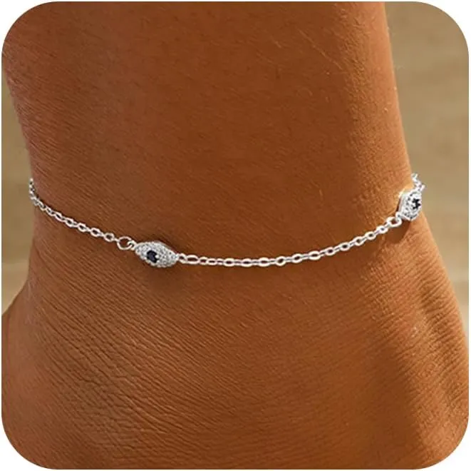 Trendy Anklets for Women Dainty Ankle Bracelet CZ Evil Eye Heart Layered Bracelets Set Gifts Summer Beach Jewelry