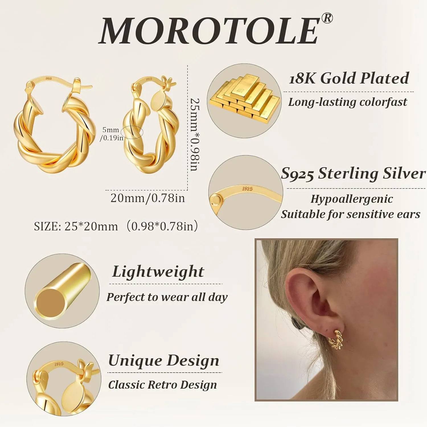 Twisted Gold Hoop Earrings for Women, Thick Chunky Hoops Hypoallergenic Vintage Twist Earings Big