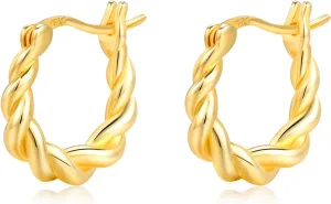 Twisted Hoop Earrings 925 Sterling Silver Chunky Twist Rope Hoops Earrings in Gold Dainty Trendy Women's Fine Jewelry Birthday Gifts for Ladies