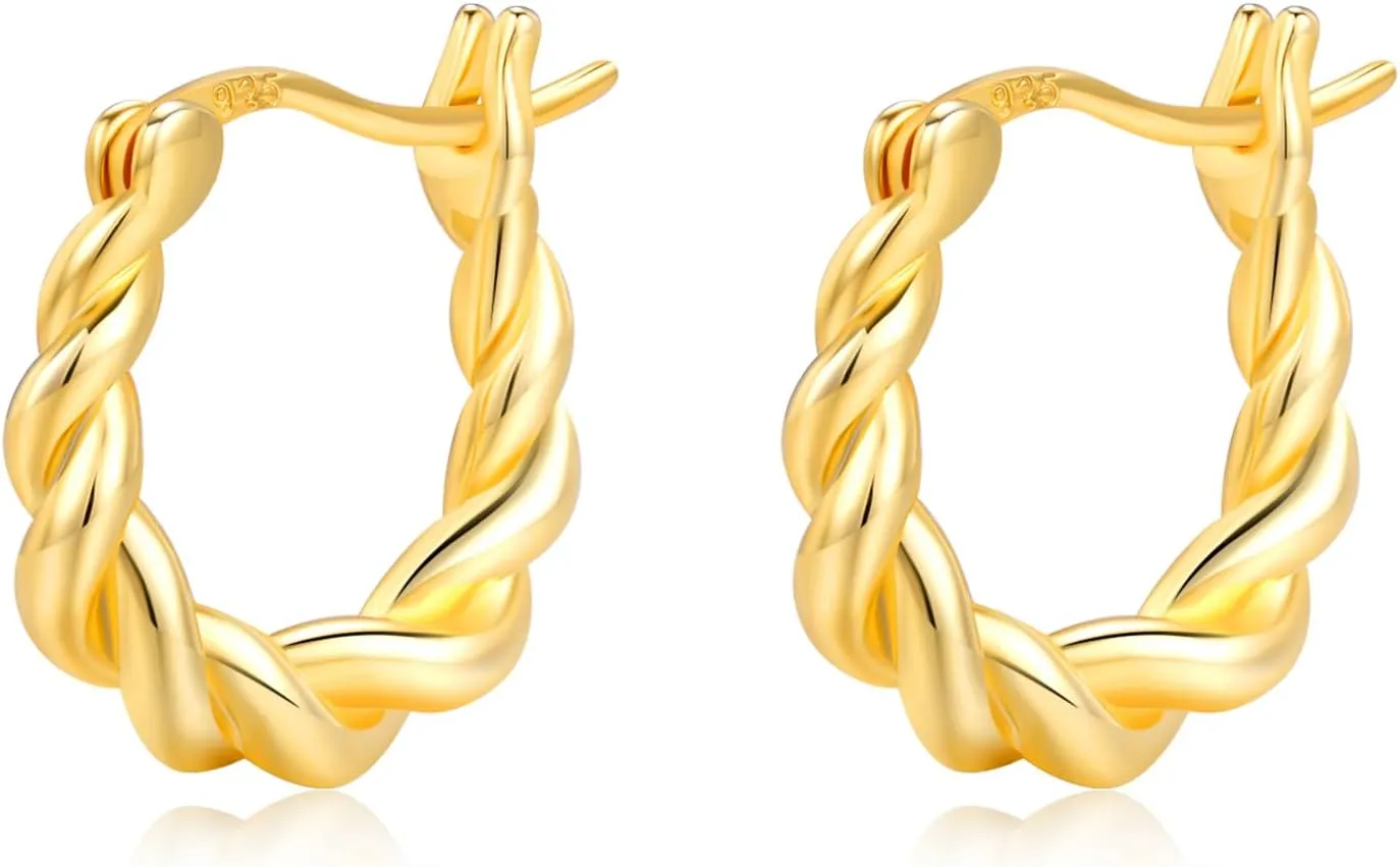 Twisted Hoop Earrings 925 Sterling Silver Chunky Twist Rope Hoops Earrings in Gold Dainty Trendy Women's Fine Jewelry Birthday Gifts for Ladies