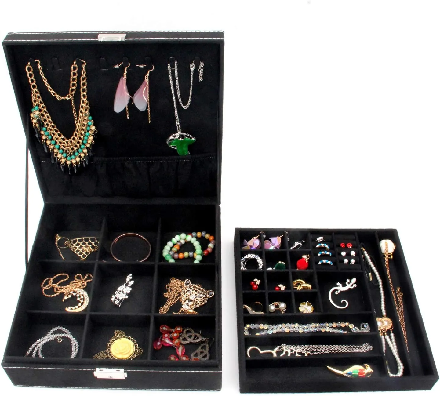Two-Layer Jewelry Box Organizer Display Storage case with Lock (Black)