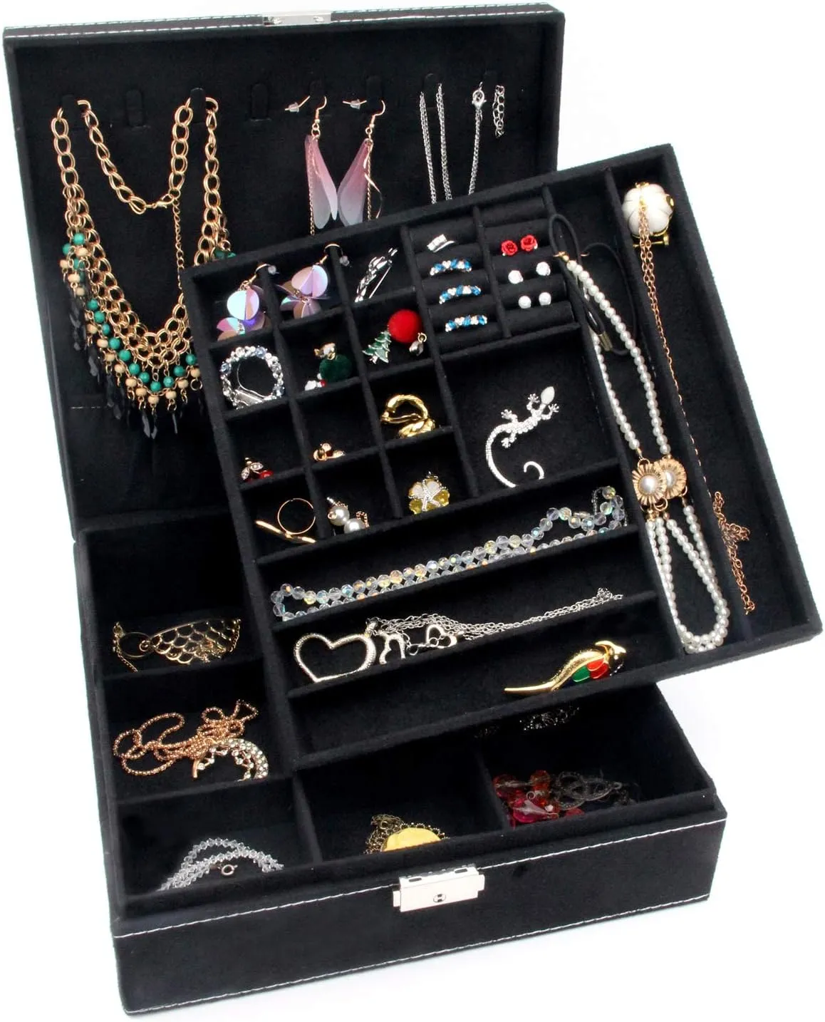 Two-Layer Jewelry Box Organizer Display Storage case with Lock (Black)