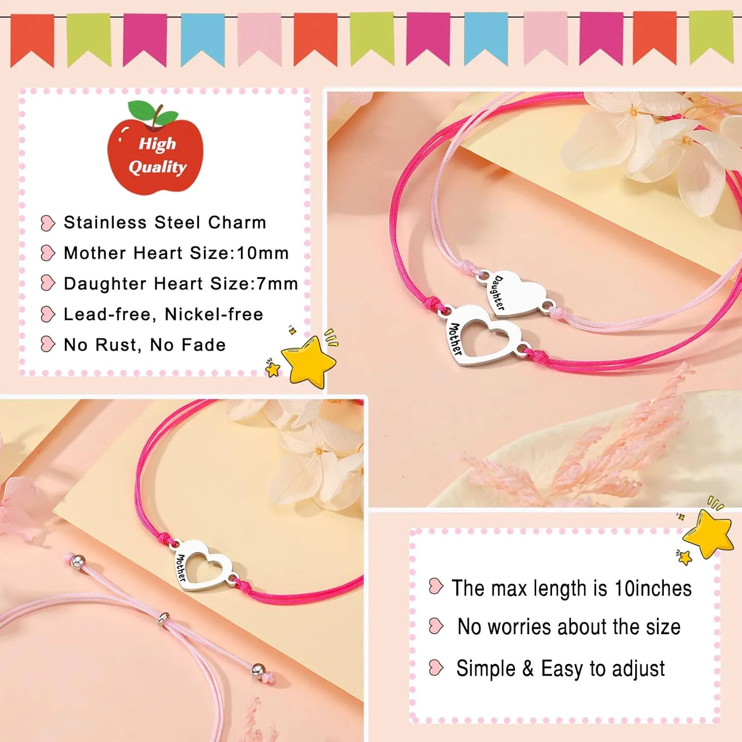 UNGENT THEM Matching Heart Mother Daughter Bracelets Back to School Bracelet First Day of School Gift