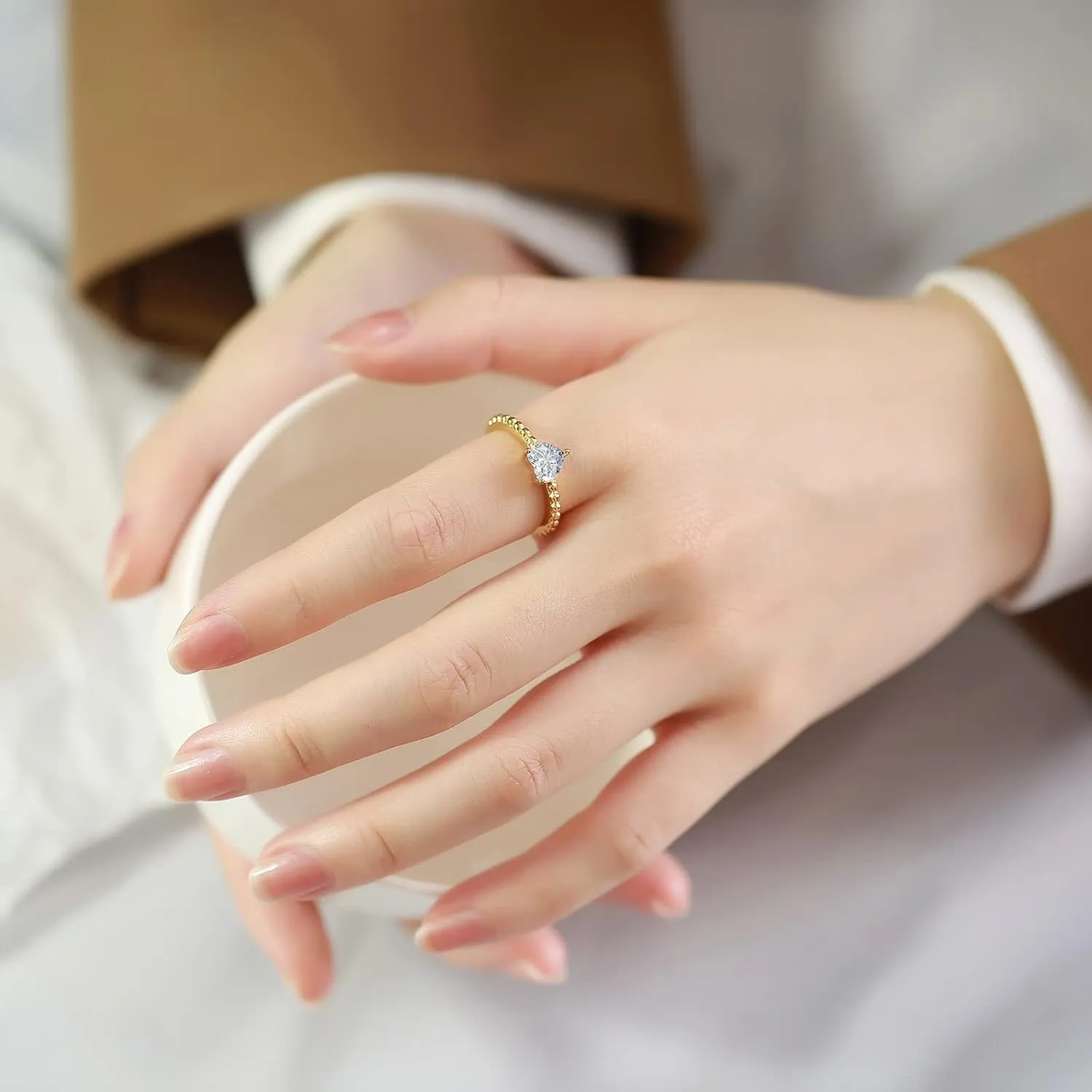 Unique Wedding Band, 6MM Stainless Steel Couple Ring Gold Brushed with White Heart Cubic Zirconia Jewelry Engagement Ring