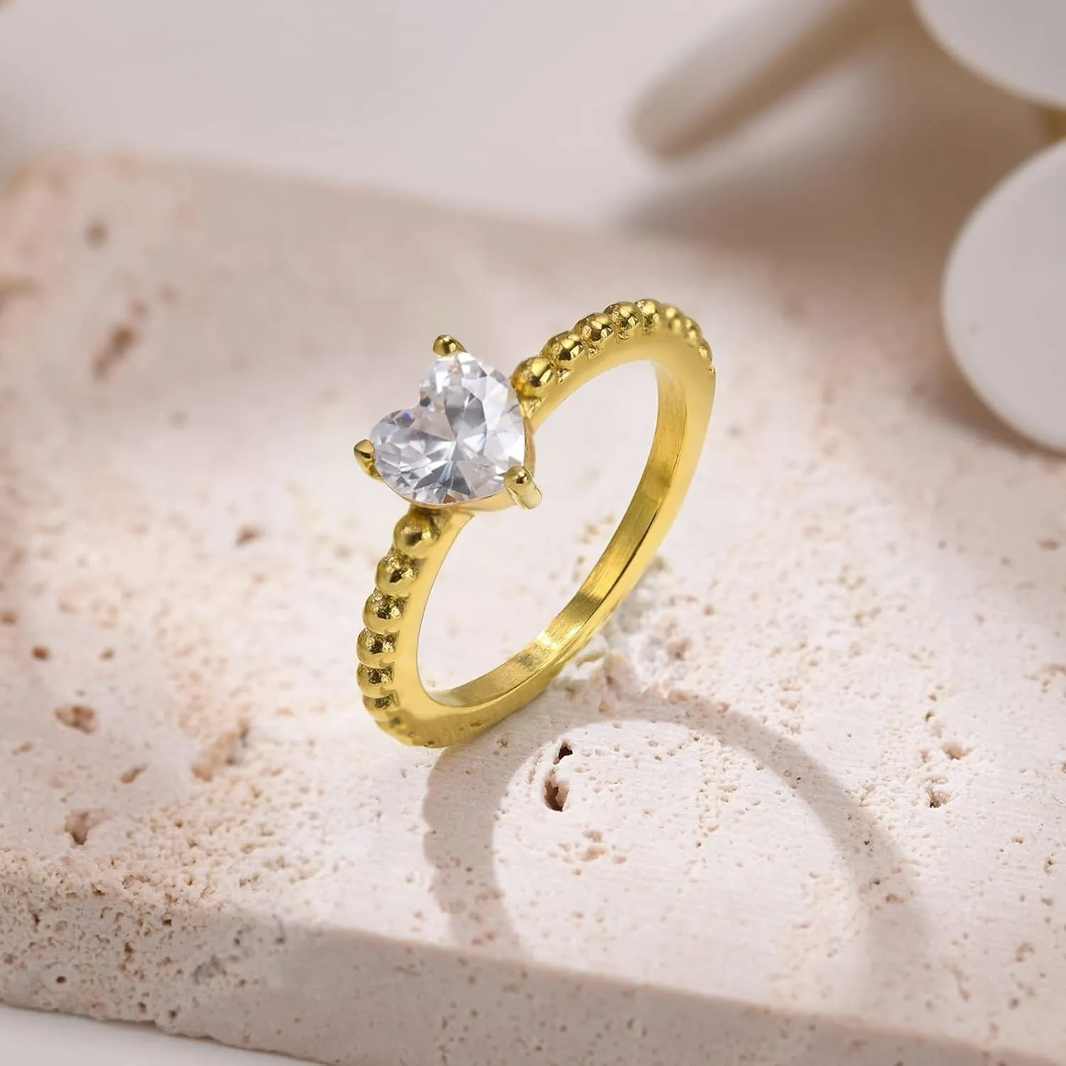 Unique Wedding Band, 6MM Stainless Steel Couple Ring Gold Brushed with White Heart Cubic Zirconia Jewelry Engagement Ring