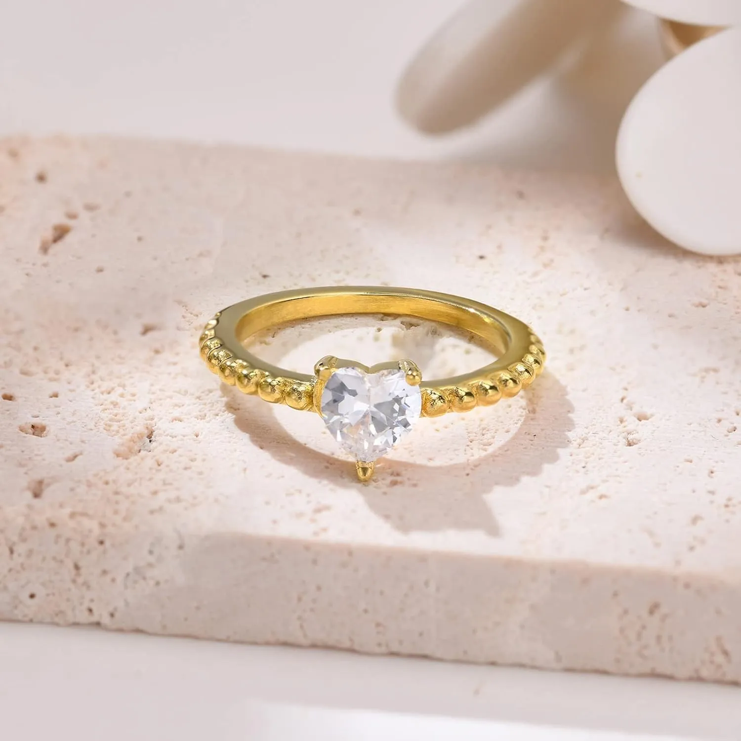 Unique Wedding Band, 6MM Stainless Steel Couple Ring Gold Brushed with White Heart Cubic Zirconia Jewelry Engagement Ring