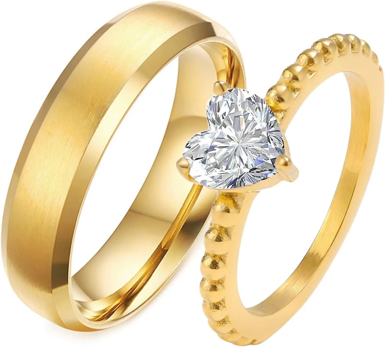 Unique Wedding Band, 6MM Stainless Steel Couple Ring Gold Brushed with White Heart Cubic Zirconia Jewelry Engagement Ring