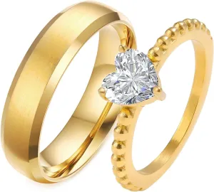 Unique Wedding Band, 6MM Stainless Steel Couple Ring Gold Brushed with White Heart Cubic Zirconia Jewelry Engagement Ring