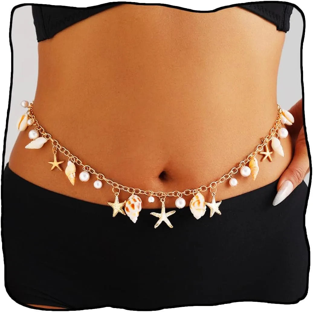 Urieo Boho Starfish Waist Chain Gold Seashell Belly Chains Summer Beach Body Chain for Women