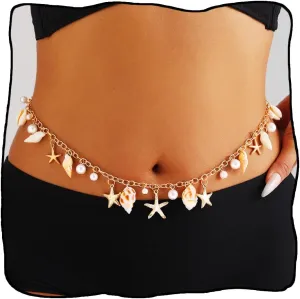 Urieo Boho Starfish Waist Chain Gold Seashell Belly Chains Summer Beach Body Chain for Women
