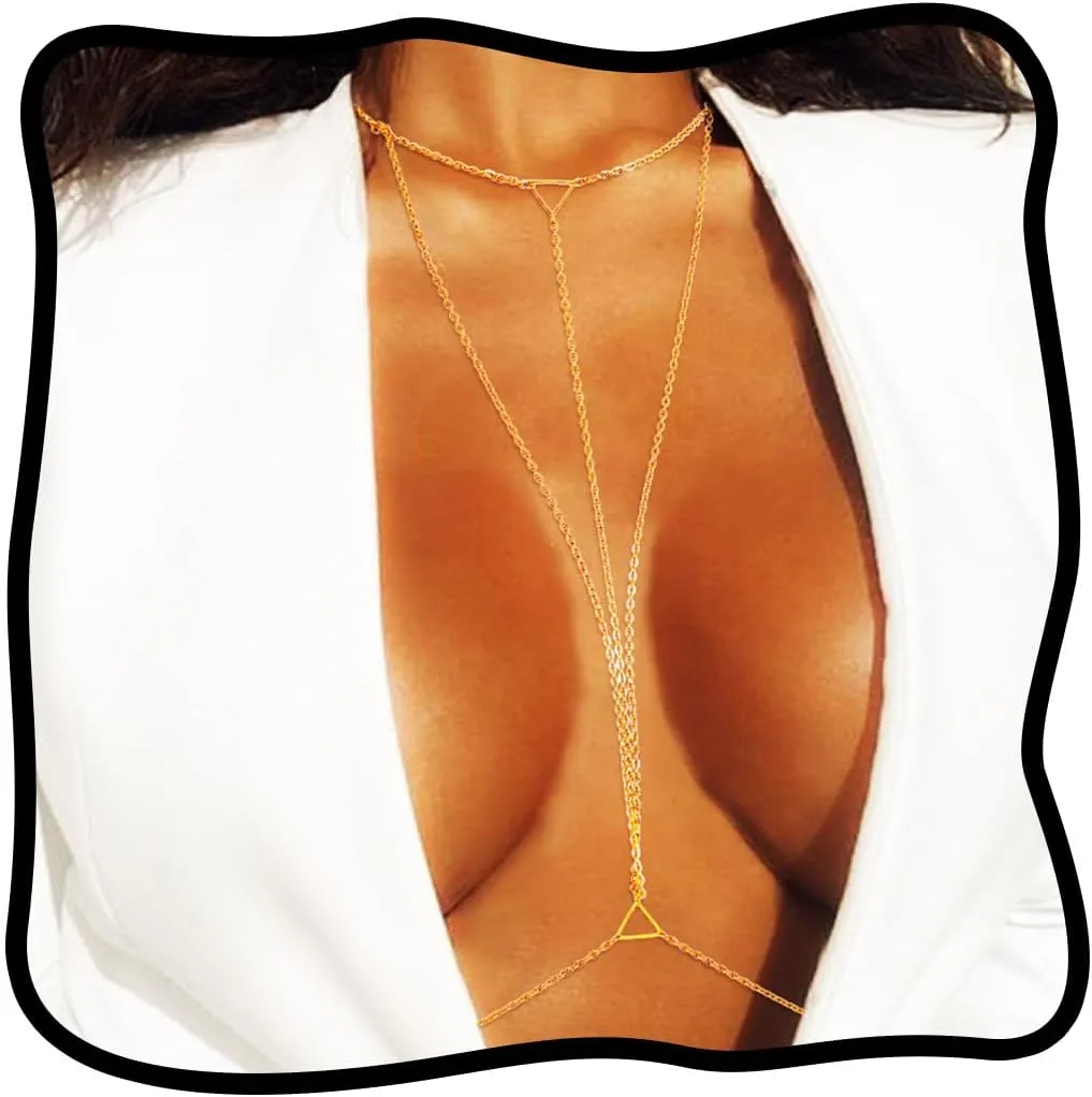 Urieo Sparkly Rhinestone Bra Chain Silver Crystal Layered Chest Chain Diamond Sexy Necklaces Body Chain Jewelry for Women