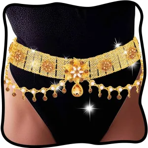 Urieo Tassel Rhinestone Waist Chain Belt Crystal Gold Belly Chains Adjustable Bikini Dress Chain Belts Body Jewelry Accessories for Women