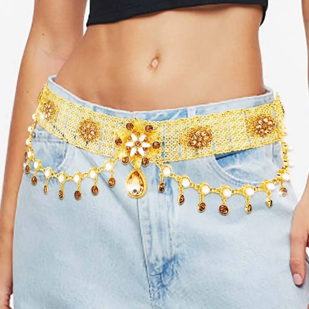 Urieo Tassel Rhinestone Waist Chain Belt Crystal Gold Belly Chains Adjustable Bikini Dress Chain Belts Body Jewelry Accessories for Women