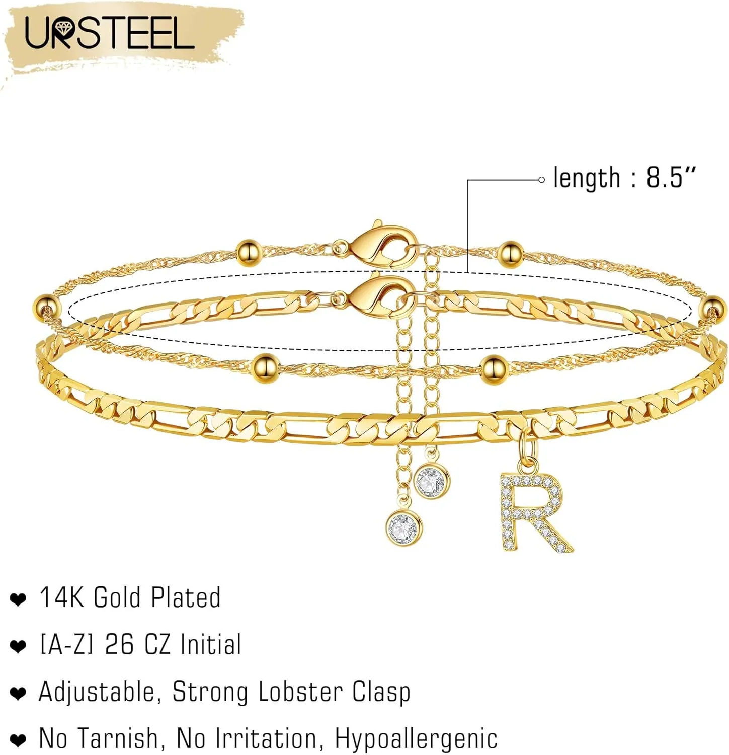 Ursteel Ankle Bracelets for Women, 14K Gold Plated Dainty Layered Chain CZ Initial Anklets Summer Jewelry Gifts for Women