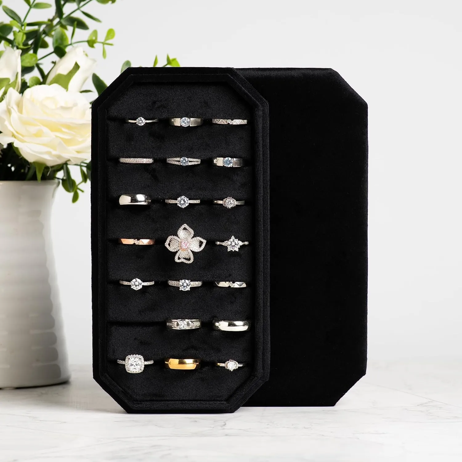 Velvet Ring Organizer Display Tray Jewelry Box Earring Holder Case for Wedding Birthday Christmas Day (Black)