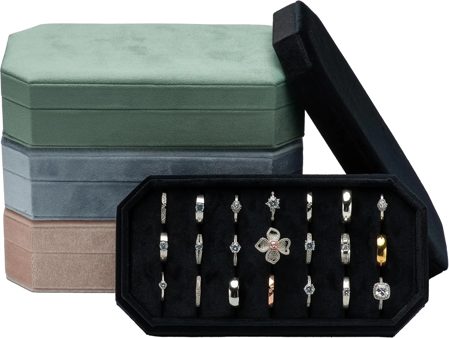 Velvet Ring Organizer Display Tray Jewelry Box Earring Holder Case for Wedding Birthday Christmas Day (Black)