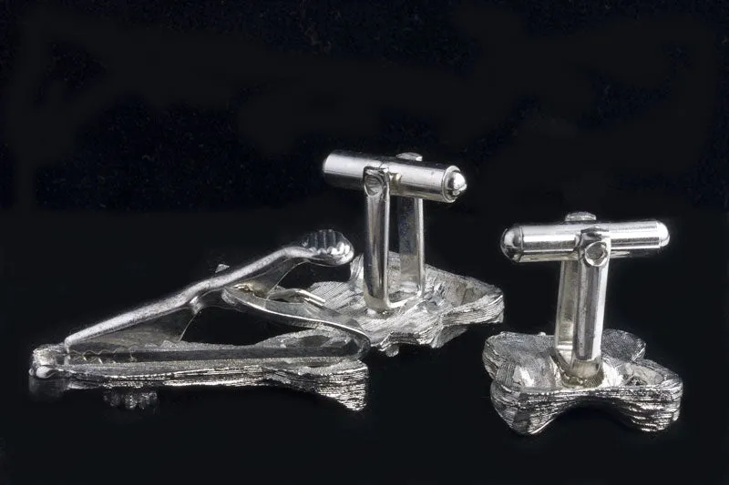 Vintage Cuff Links and Tie / Scarf clip, modernist silver metal, rhinestone. j- btcs101