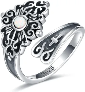 Vintage Opal Spoon Rings for Women - S925 Sterling Silver Grandma Rings Cross Style Spoon Jewelry Adjustable Antique Wrap Thumb Ring Open Size 6-11 Mother Gift