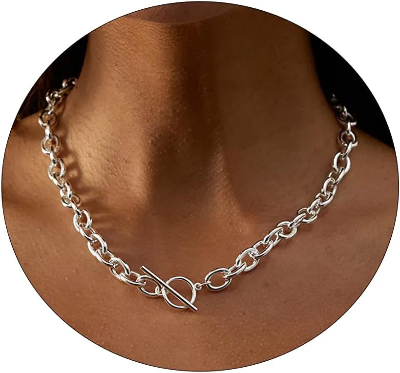 VIROMY Chunky Gold Toggle Necklace 18K Gold Plated Pearl Vintage Paper Clip Link Chain Shining Twisted Rope Cuban Choker Toggle Bar Clasp Necklaces for Women
