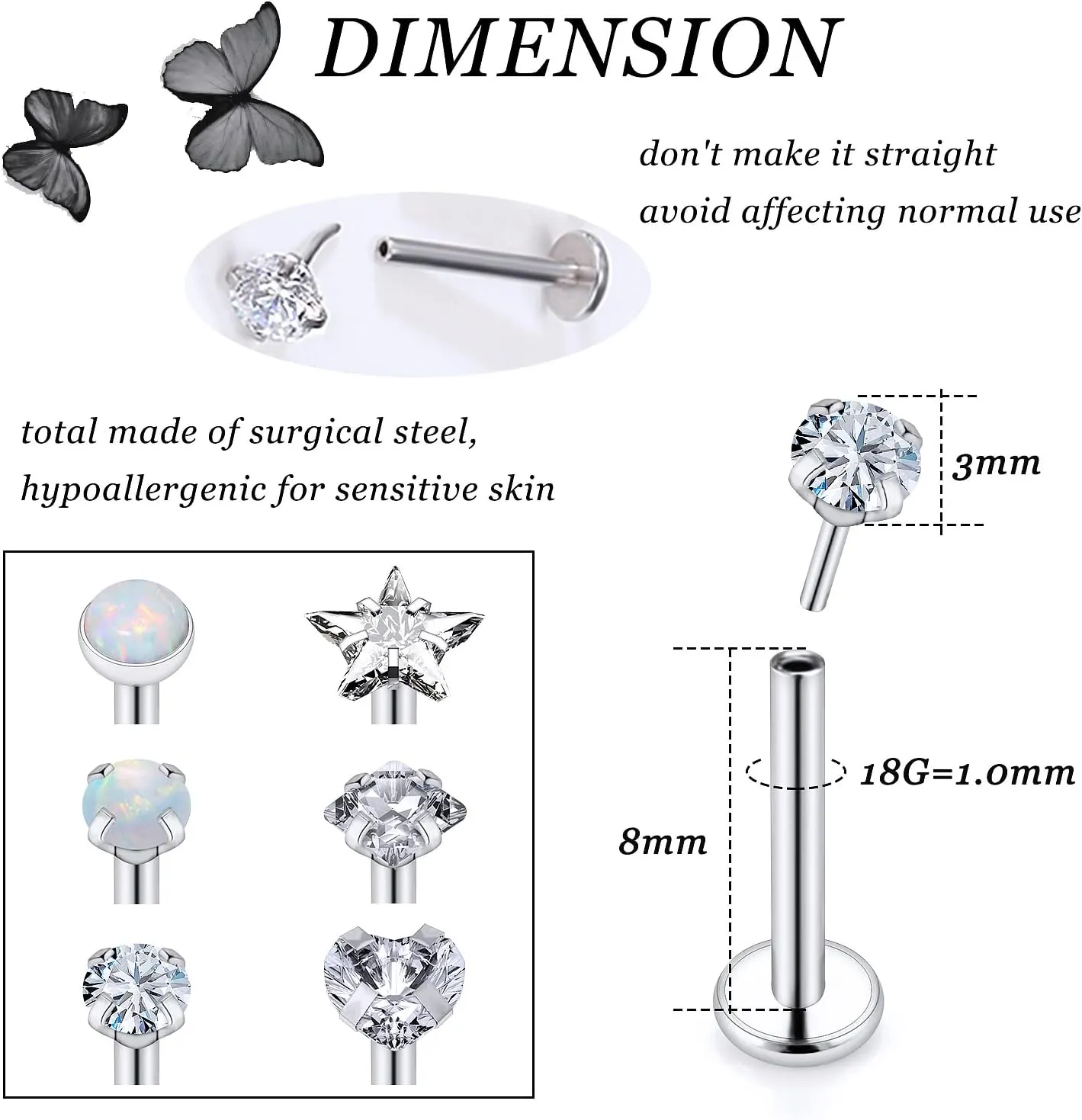 Vsnnsns 16G 18G 20G Threadless Push in Lip Rings Stainless Steel Flat Back Nose Rings Studs Tragus Helix Conch Cartilage Lobe Earrings Stud Piercing Jewelry for Women Men Diamond CZ Opal 6 Pairs