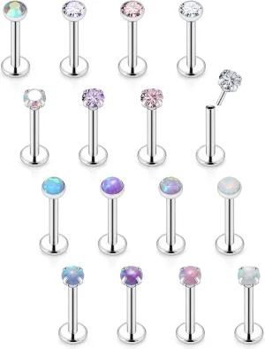 Vsnnsns 16G 18G 20G Threadless Push in Lip Rings Stainless Steel Flat Back Nose Rings Studs Tragus Helix Conch Cartilage Lobe Earrings Stud Piercing Jewelry for Women Men Opal CZ Silver 16PCS