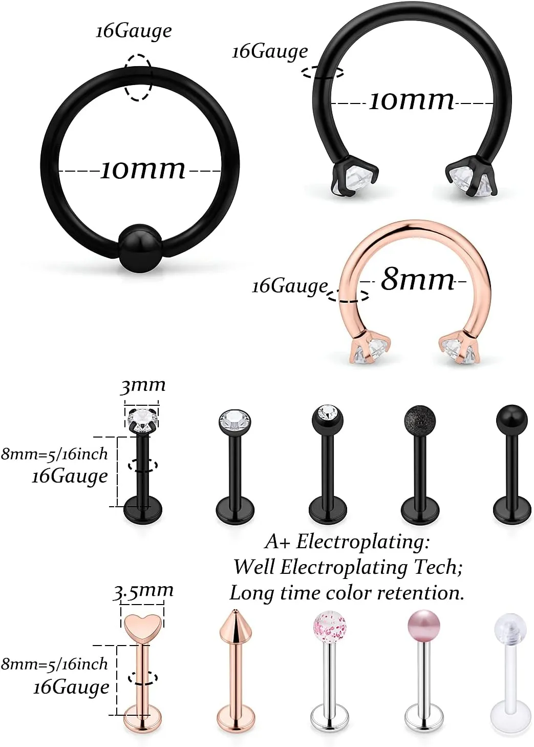 Vsnnsns 16G Lip Rings Stainless Steel Horseshoe Snake Bite Piercing Monroe Lip Rings Labret Medusa Piercing Jewelry Tragus Forward Helix Cartilage Earrings Studs Piercing Jewelry for Women Men 35PCS