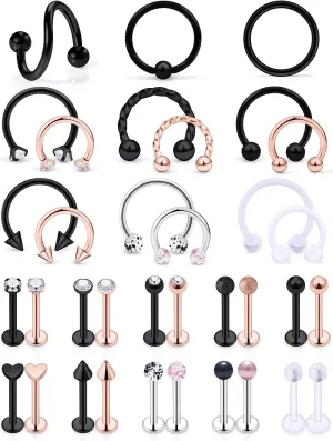 Vsnnsns 16G Lip Rings Stainless Steel Horseshoe Snake Bite Piercing Monroe Lip Rings Labret Medusa Piercing Jewelry Tragus Forward Helix Cartilage Earrings Studs Piercing Jewelry for Women Men 35PCS