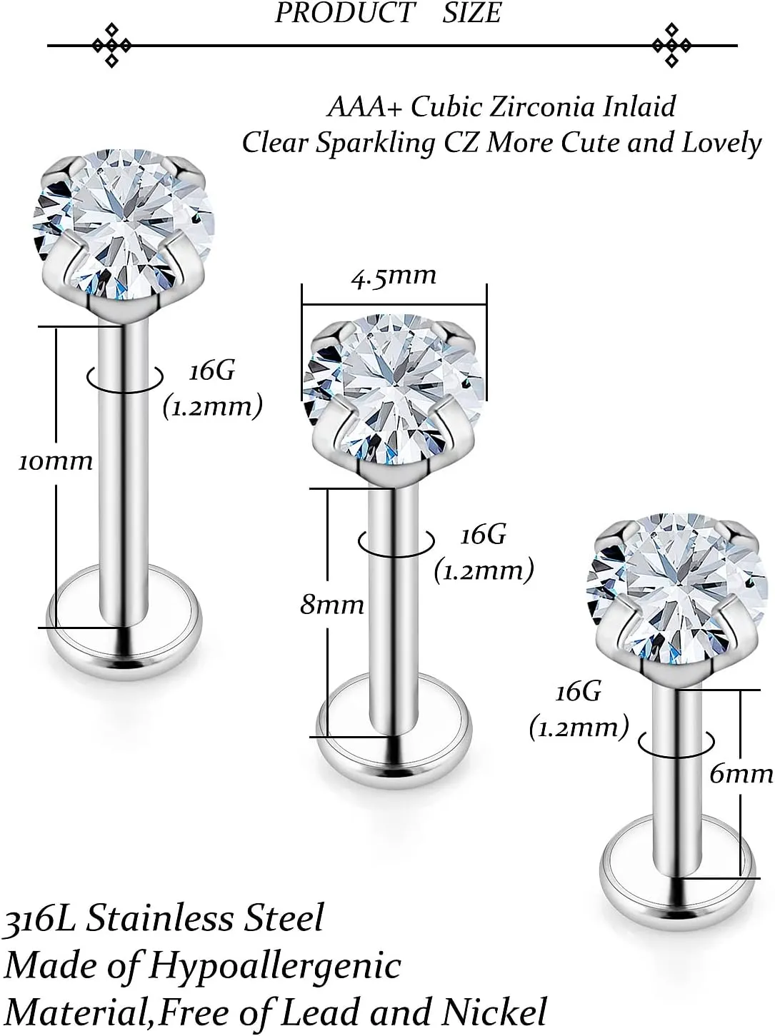 Vsnnsns 16G Lip Rings Stainless Steel Tragus Helix Conch Piercing Jewelry Snake Bite Piercing Monroe Lip Rings Labret Medusa Cartilage Lobe Earrings Studs Piercing Jewelry 6MM 8MM 10MM Silver 18PCS