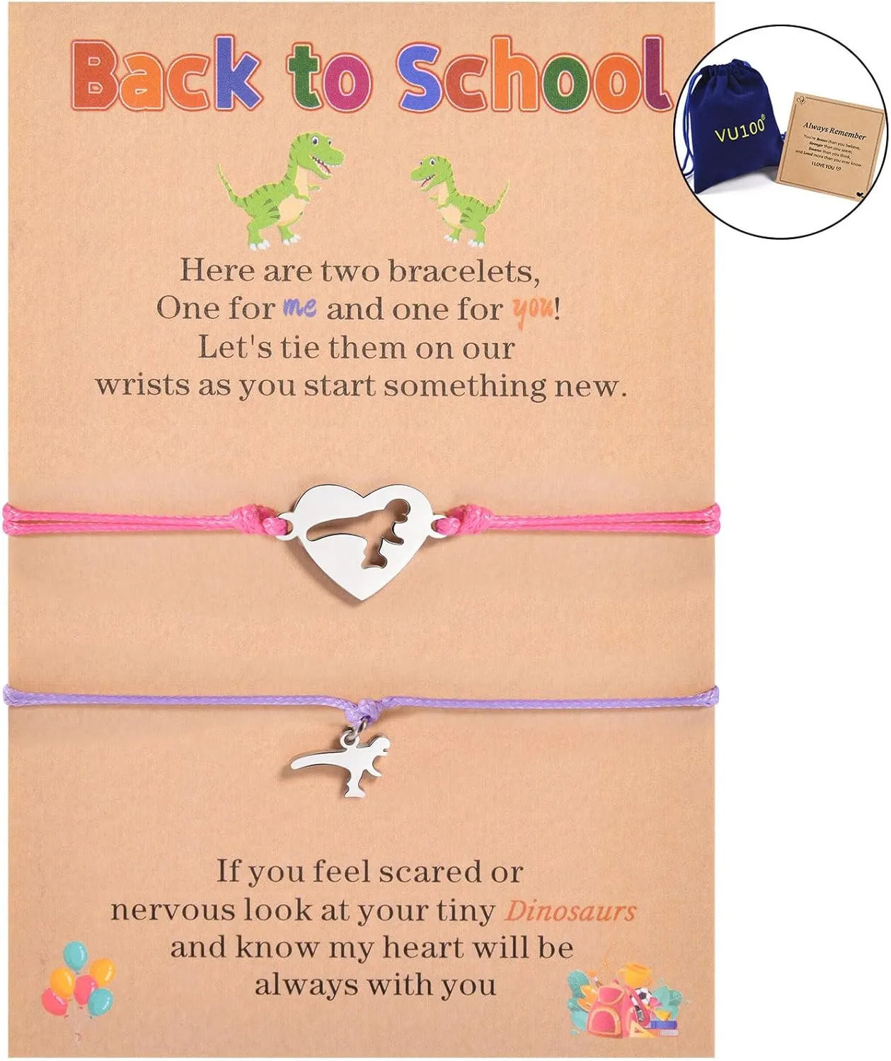 VU100 Back to School Bracelet Gifts Matching Dinosaur/Heart Bracelet Mother Daughter Bracelet First Day of School Gift Mommy and Me Bracelets Separation Anxiety Gift for Son Girls Boys Granddaughter