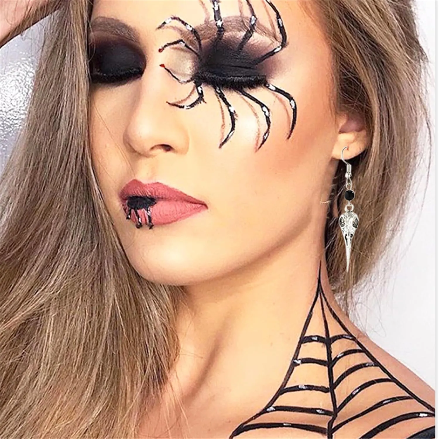 WCRAZYE Gothic Crow Skull Pendant Necklace Earrings Sets for Women Punk Viking Raven Skull Necklace Vintage Crow Raven Bird Skull Earrings Halloween Witch Jewelry