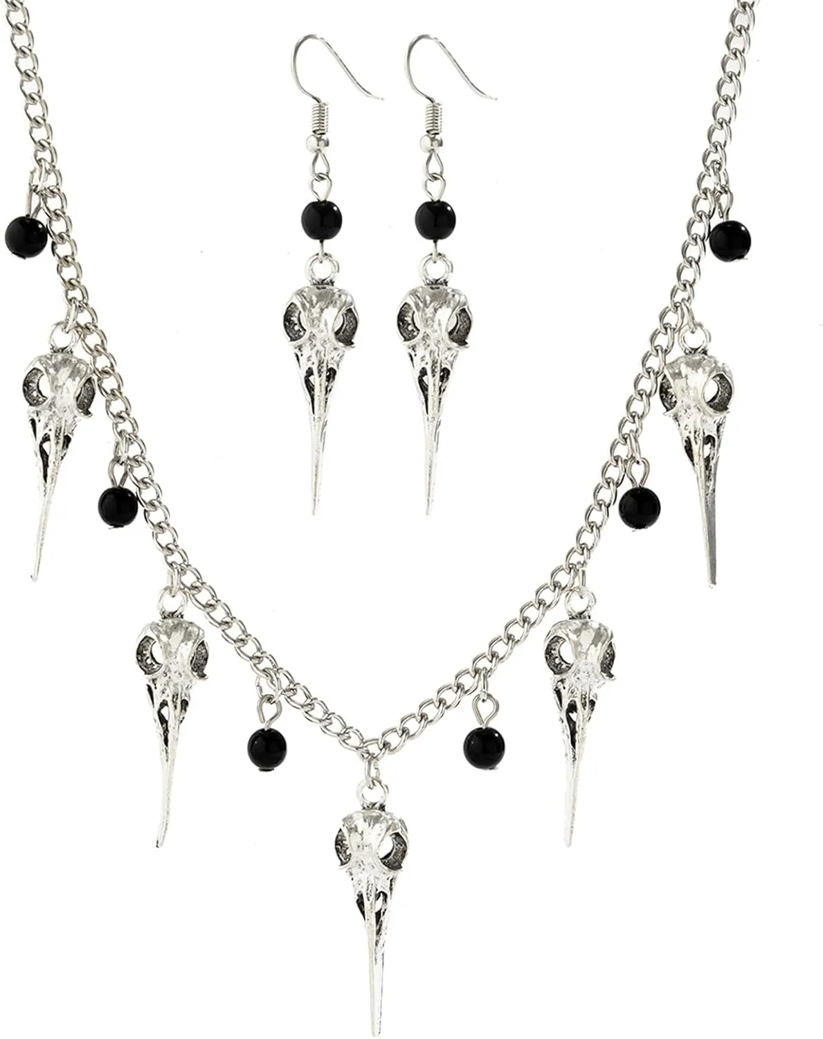 WCRAZYE Gothic Crow Skull Pendant Necklace Earrings Sets for Women Punk Viking Raven Skull Necklace Vintage Crow Raven Bird Skull Earrings Halloween Witch Jewelry