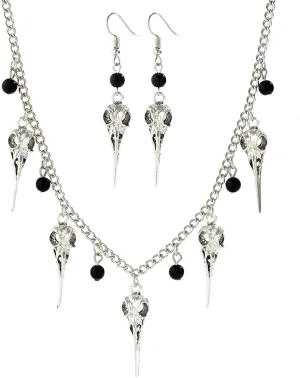 WCRAZYE Gothic Crow Skull Pendant Necklace Earrings Sets for Women Punk Viking Raven Skull Necklace Vintage Crow Raven Bird Skull Earrings Halloween Witch Jewelry