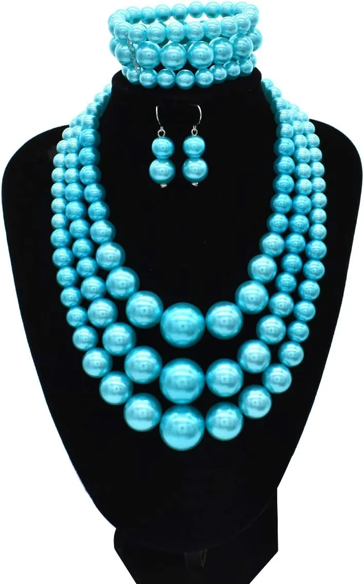 We We Imitation Pearl Necklace for Women Large Chunky Pearl Necklaces Multilayer Pearl Necklace and Earring 1920s Costume Jewelry set